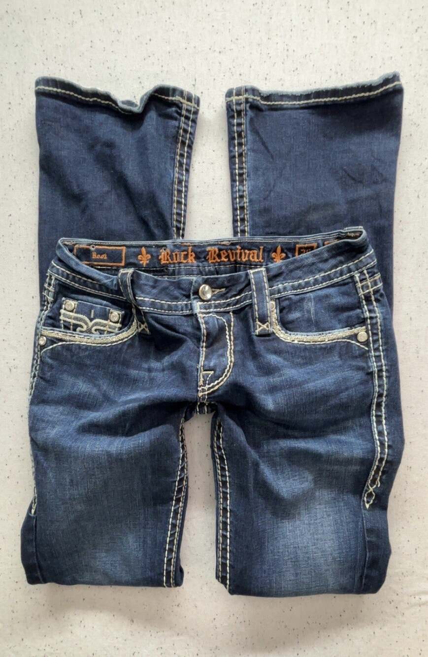 Rock Revival Sherry Boot Cut Jeans 28x32 Dark Denim Embellished Fleur De Lis Y2K